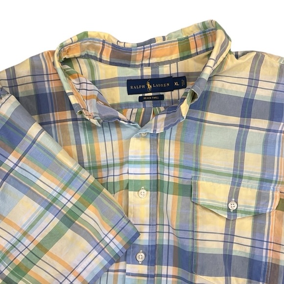 Ralph Lauren Beach Twill Plaid Shirt Short Sleeve Cotton Button Front Pocket XL - Picture 1 of 14